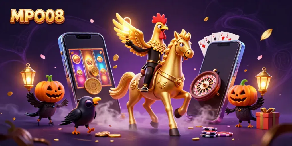 Immerse yourself in MPO08's vibrant online casino experience with golden rooster and spectral horse.