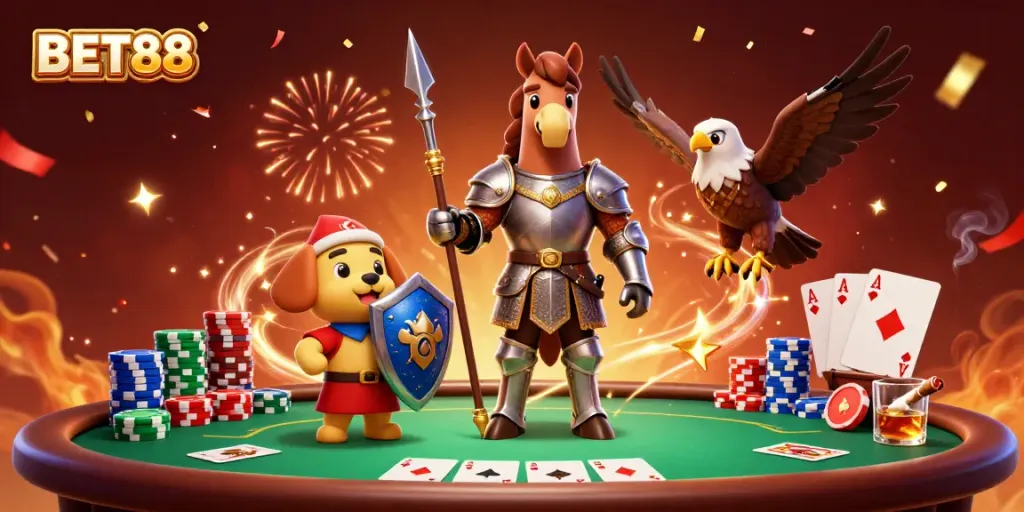 BET88 showcases a dynamic medieval knight and puppy amid a vibrant casino scene filled with poker elements.