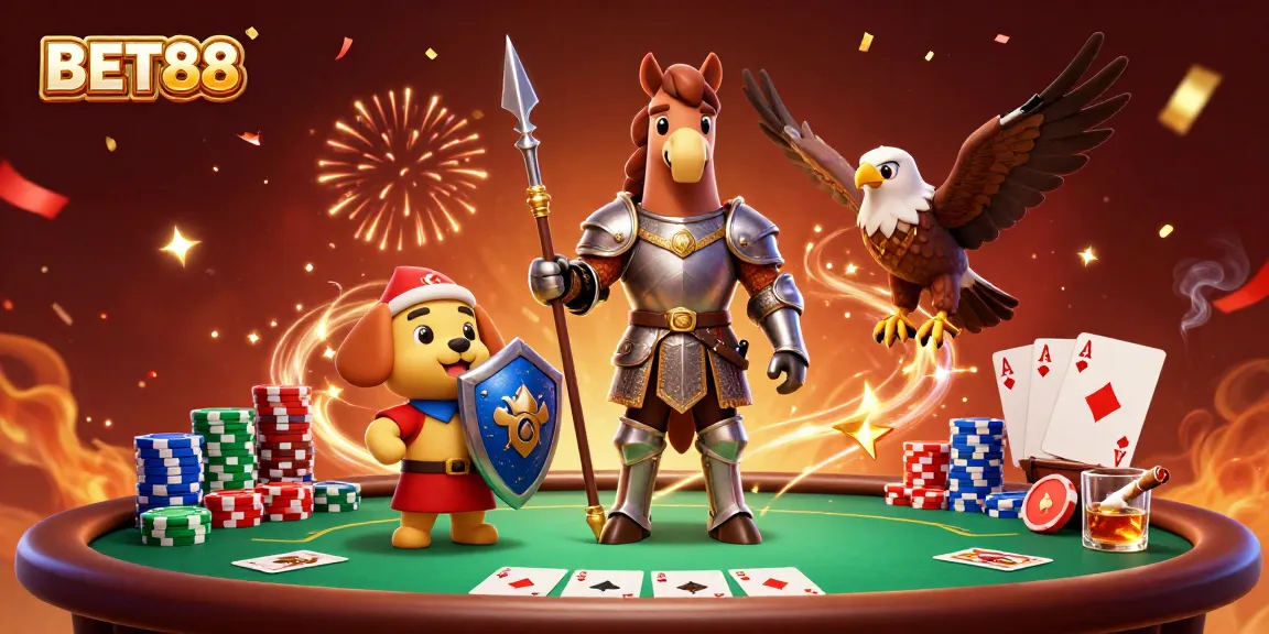 BET88 showcases a dynamic medieval knight and puppy amid a vibrant casino scene filled with poker elements.