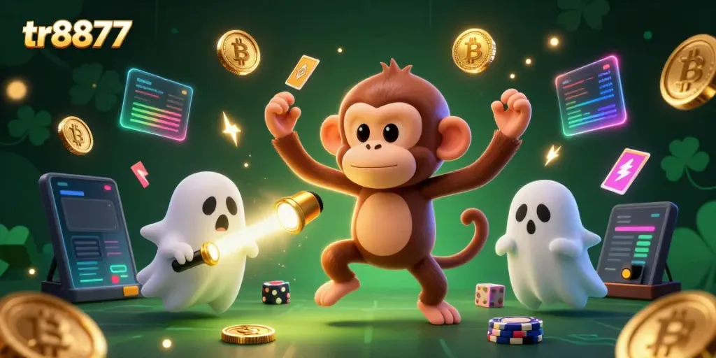 Experience the thrilling atmosphere at tr8877's haunted casino with a ghostly monkey juggling golden objects.