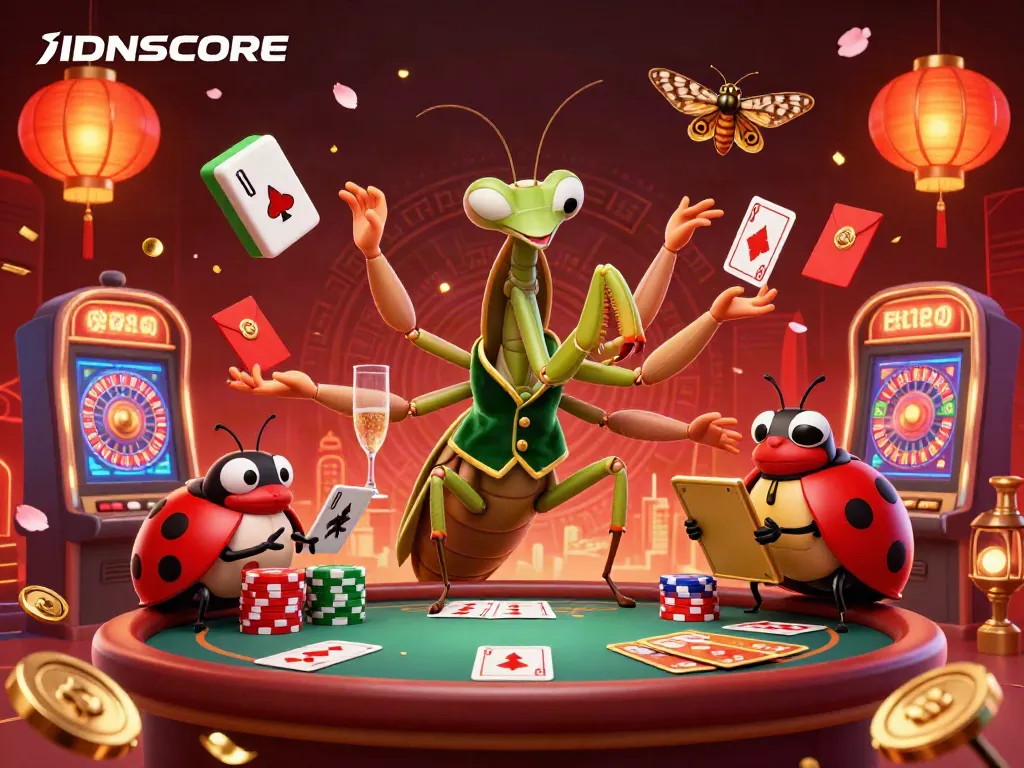 Join the excitement with IDNSCORE's vibrant casino scene featuring a praying mantis card sharp and a ladybug pit boss.