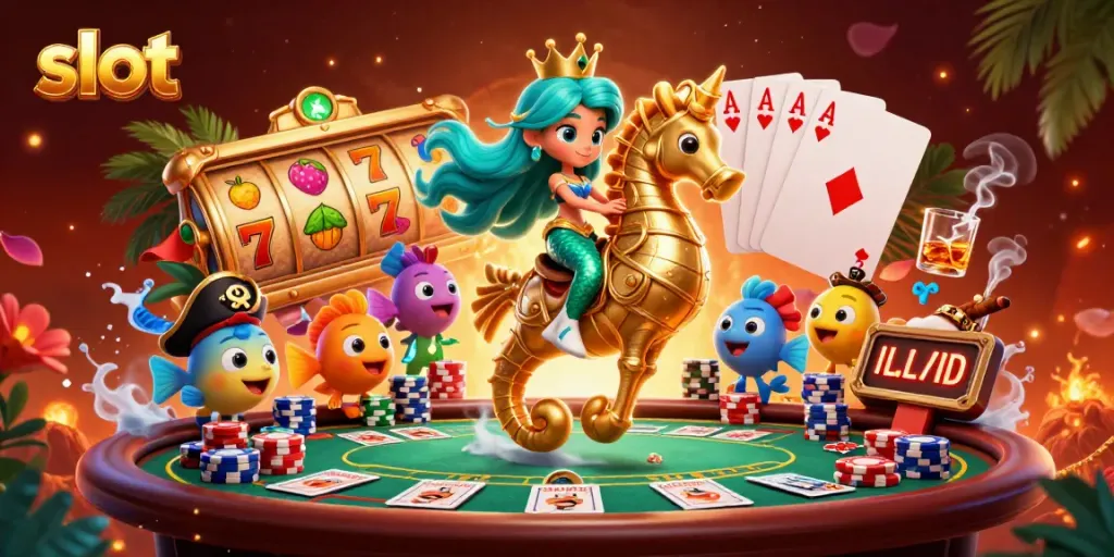 Engage with dynamic slot action in a vibrant 3D scene featuring a mermaid princess and casino elements.