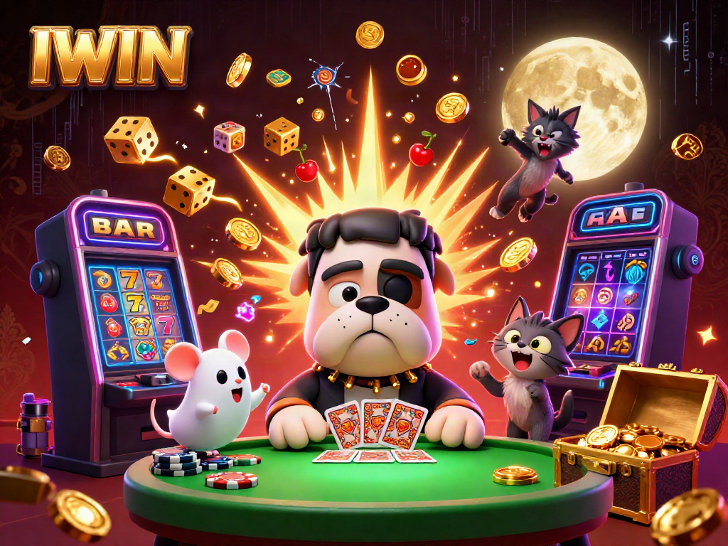 IWIN platform showcases excitement as the Frankenstein bulldog monster deals cards amidst a jackpot carnival atmosphere