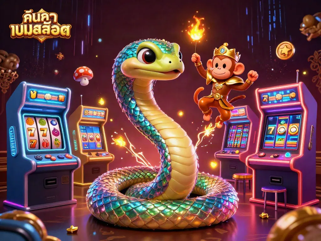 Engage with the vibrant world of ค้นหาเกมสล็อต, depicted through a dynamic scene featuring a rainbow serpent, monkey king, and arcade gaming elements.
