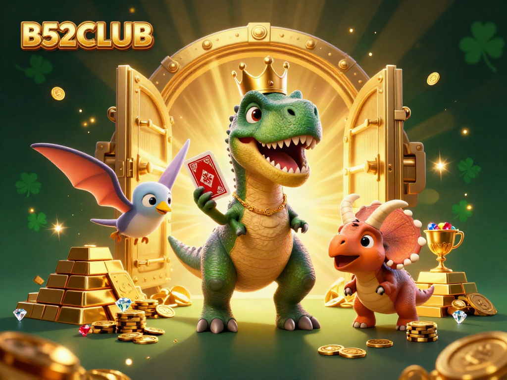 B52CLUB showcases vibrant 3D T-Rex card shuffling with golden treasures, engaging casino atmosphere.