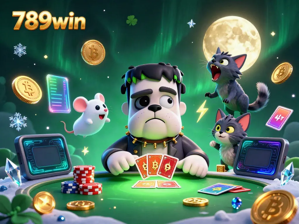Unleash your luck at 789win with a spooky casino scene featuring a playful Frankenstein bulldog dealer and vibrant crypto elements.