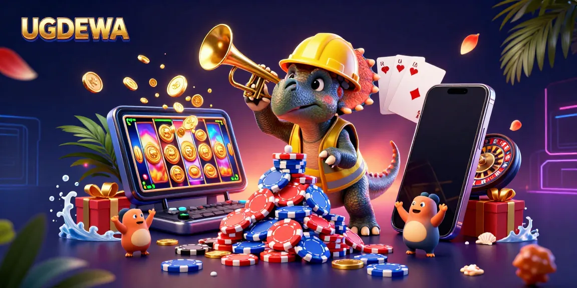Engage with UGDEWA's vibrant gaming scene featuring joyful characters and slots gaming elements.