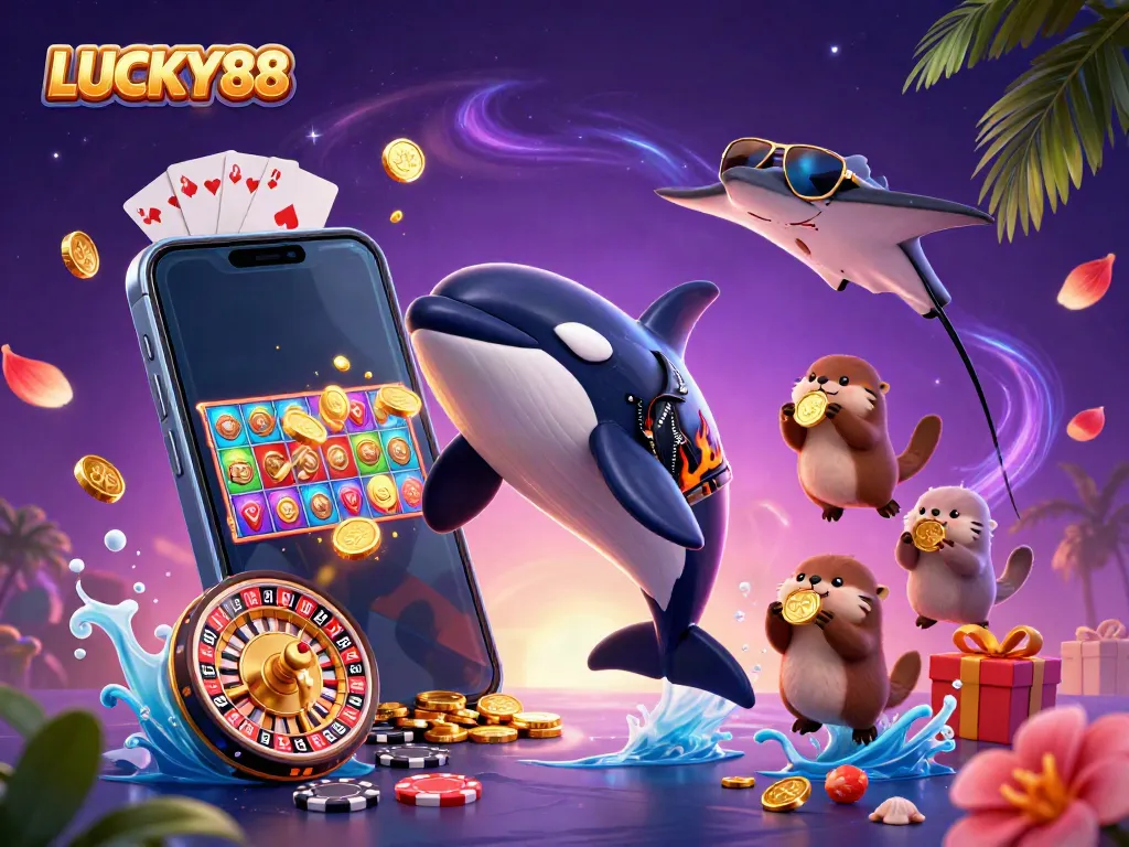 Spin the reels and win with LUCKY88 in this vibrant underwater casino scene.