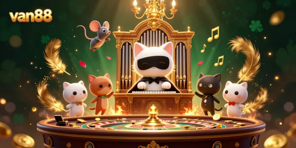 Experience thrilling gameplay at van88 with a unique twist, showcasing a whimsical casino scene featuring a phantom cat and acrobat mouse.