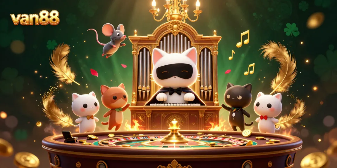 Experience thrilling gameplay at van88 with a unique twist, showcasing a whimsical casino scene featuring a phantom cat and acrobat mouse.
