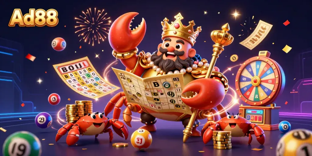 Experience the vibrant excitement of Ad88 with a colorful lottery-themed 3D illustration showcasing a golden crab emperor and his treasure.