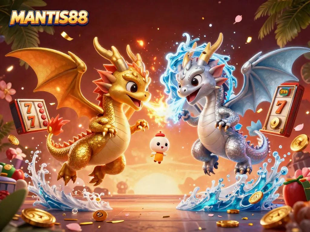 Join the excitement with MANTIS88, featuring dynamic slot reels and dragons amidst a festive atmosphere.