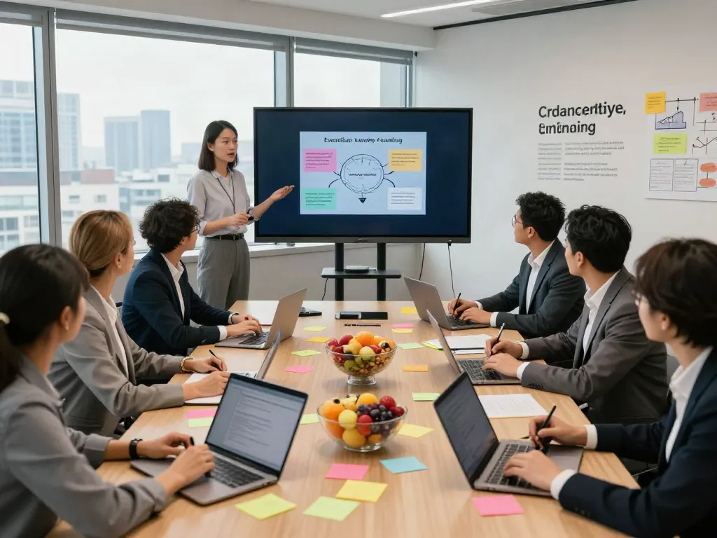 Executive leadership coaching workshop with a diverse team collaborating in a modern office space.