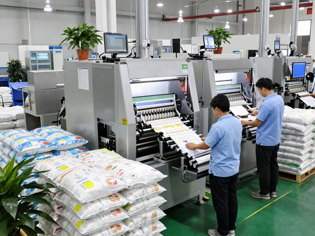 Open-mouth bagging machines operated by skilled technicians at a leading packaging equipment manufacturer.