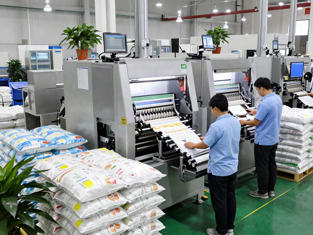 Open-mouth bagging machines operated by skilled technicians at a leading packaging equipment manufacturer.