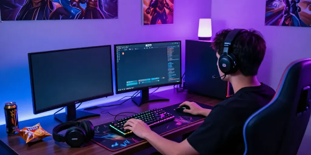 Engaged player showcasing intense focus in K177 game setup with dual monitors and gaming accessories.