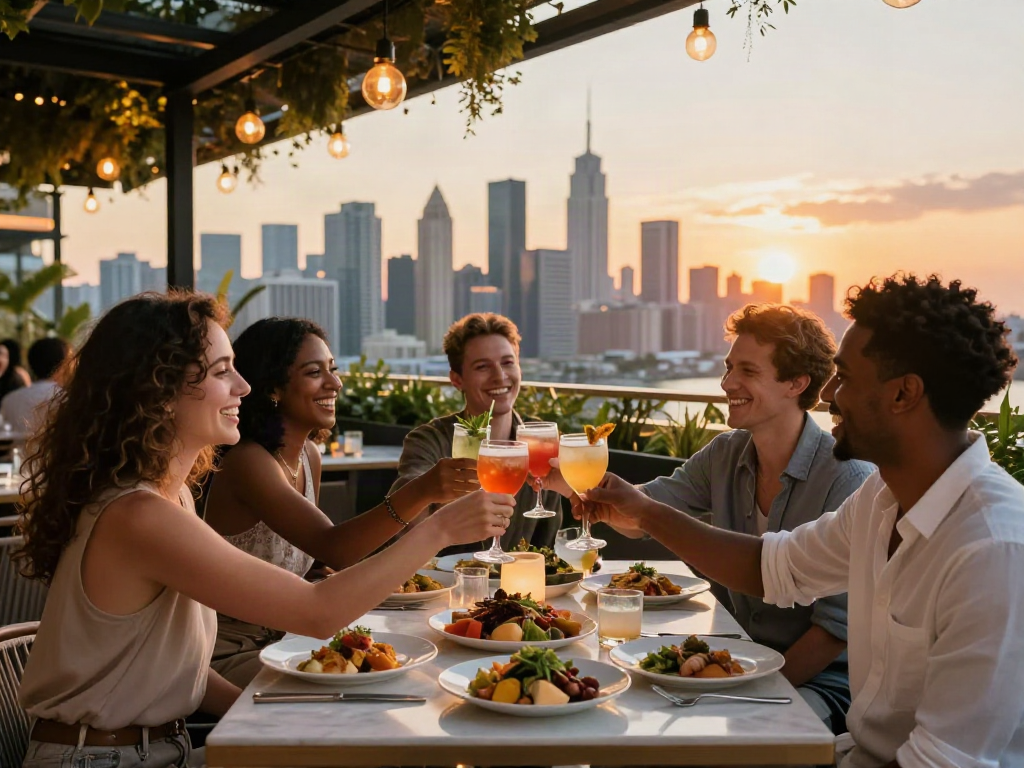 Dining with cocktails at NoHu rooftop restaurant during sunset.