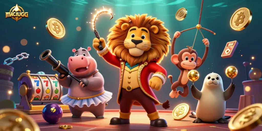 Experience the thrill of macaugg with vibrant 3D circus characters and exciting slot elements.