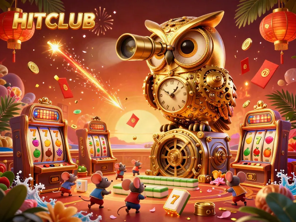 Engage with HITCLUB's dynamic casino experience featuring a golden owl and vibrant slot machines.