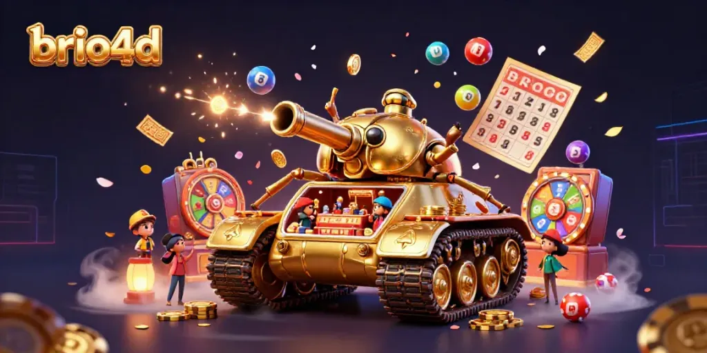 Play vibrant games with brio4d inside a golden beetle tank showcasing a mini casino and lottery elements.