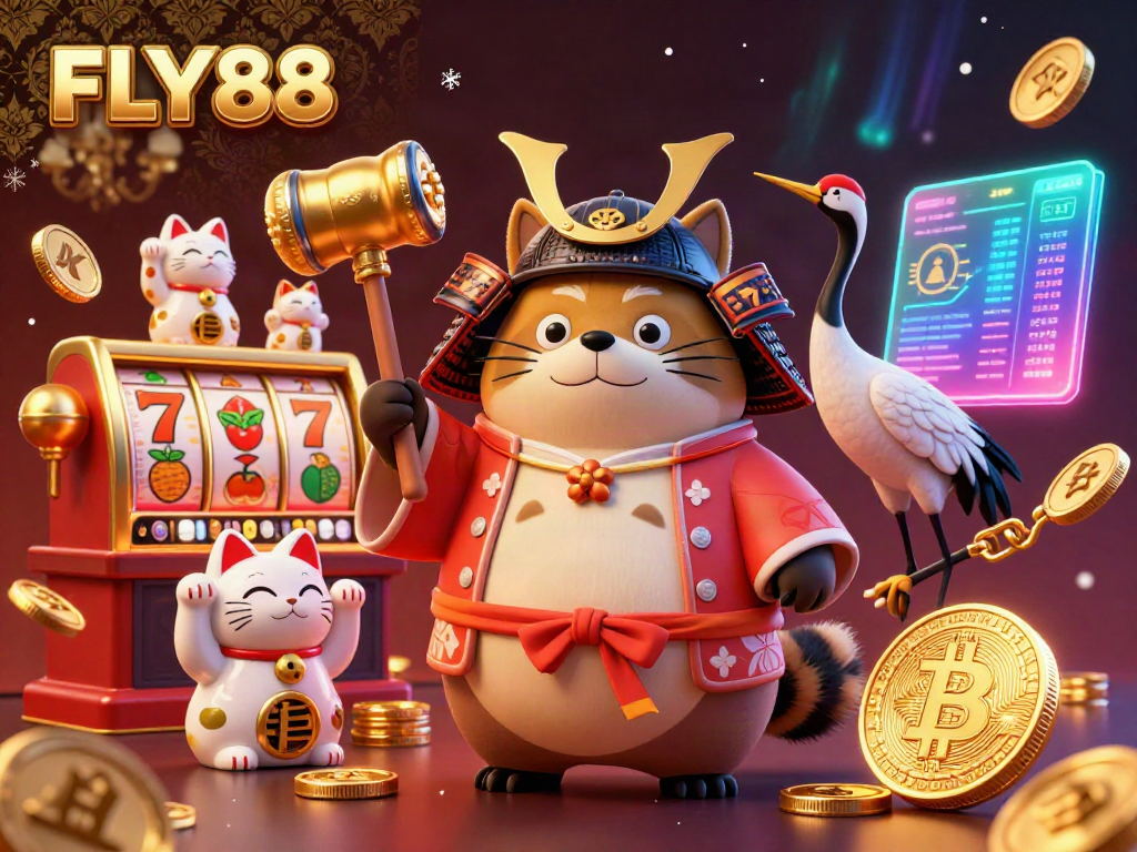 FLY88 vibrant festival scene with a cheerful tanuki, crane, and lucky coins highlighting casino fun.