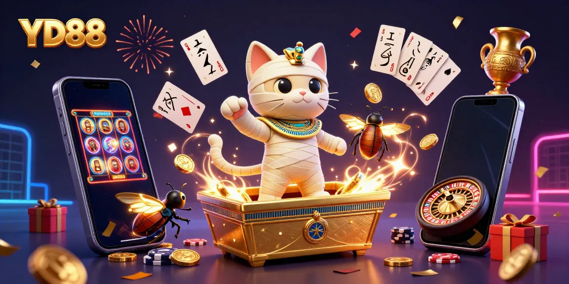 Experience YD88, the dynamic online casino scene with a mummy cat and scarab beetle, bursting with exciting games and action.