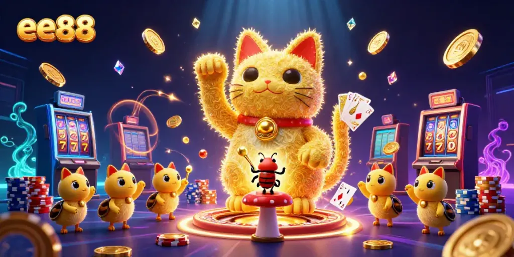 Enjoy the animated scene of ee88, featuring a giant lucky cat shaped by fireflies surrounded by casino symbols.
