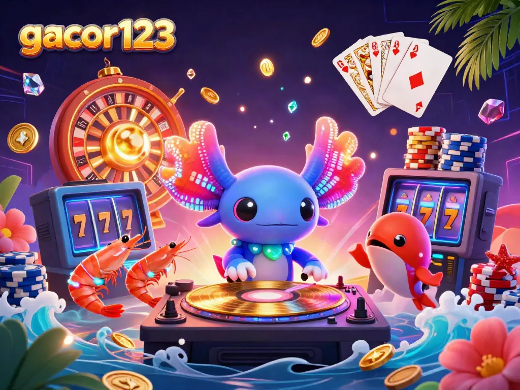 Experience vibrant gaming action with gacor123 featuring an axolotl DJ and dynamic casino elements.