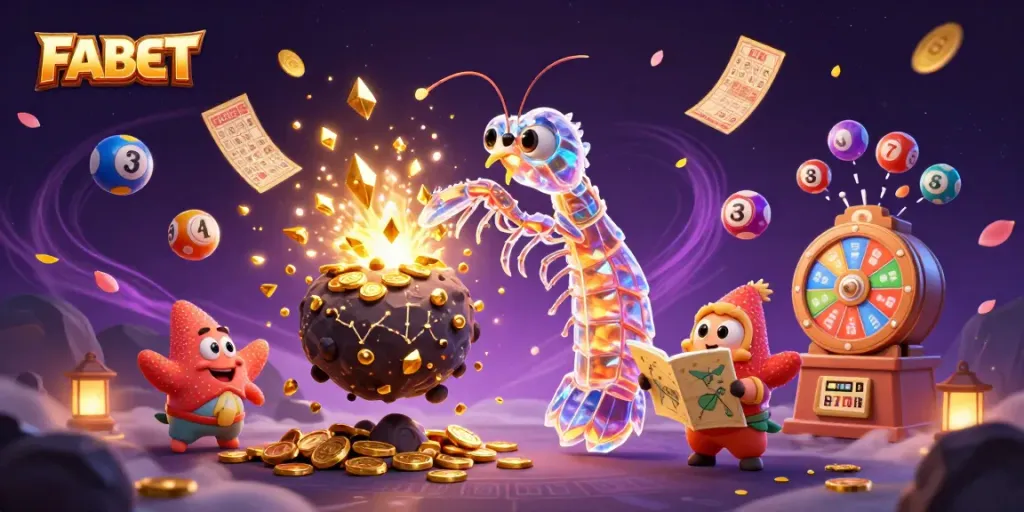 FABET gaming scene featuring a vibrant explosion of golden gems and a galactic samurai shrimp amidst casino elements.