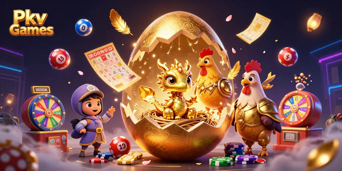 Engage with Pkv Games in a vibrant 3D casino scene featuring a golden dragon, poker chips, and lottery elements.