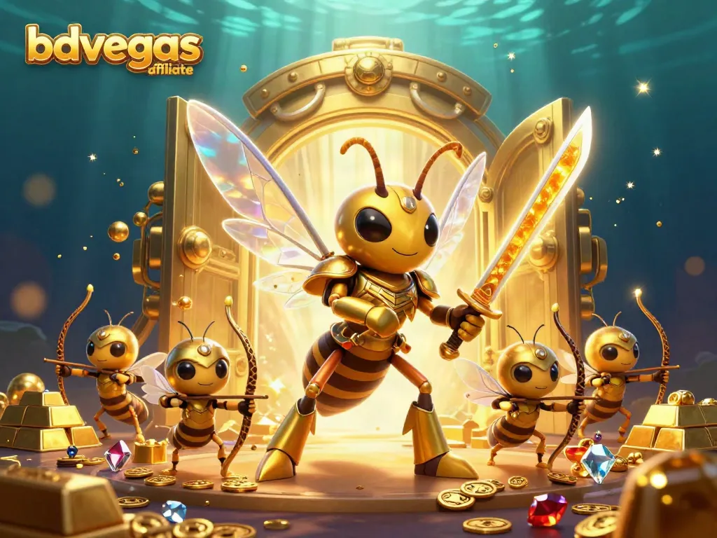 Engage with the bdvegas affiliate program featuring a dynamic battle scene with a golden hornet and bee archers.