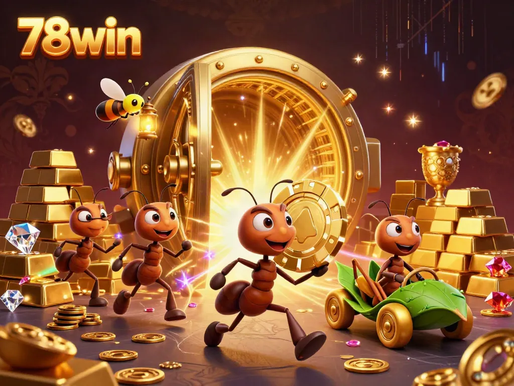 Experience 78win with a lively illustration of ants heisting a giant poker chip amidst gold treasures.