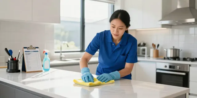 End of lease cleaning Melbourne scene showcasing a professional cleaner diligently working in a bright kitchen.