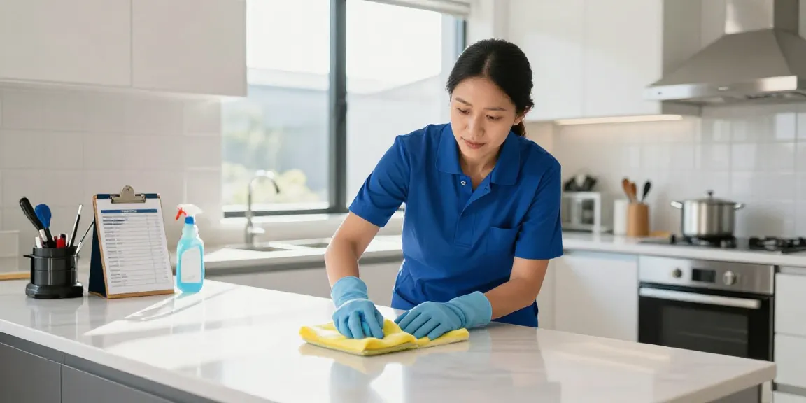 End of lease cleaning Melbourne scene showcasing a professional cleaner diligently working in a bright kitchen.