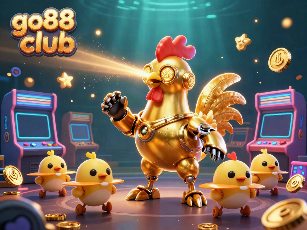 Engage with the vibrant go88 club scene showcasing a golden rooster robot and baby chick drones amidst colorful gaming elements.