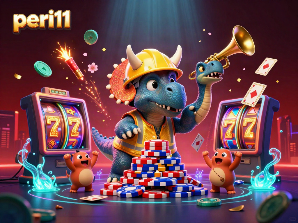 Experience the excitement of peri11 with a unique 3D triceratops building poker chip pyramids.
