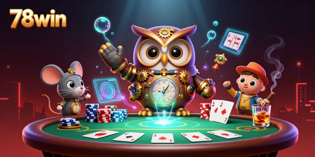 Immerse in 78win as a steampunk owl navigates a vibrant casino, rich with poker and dynamic visuals.