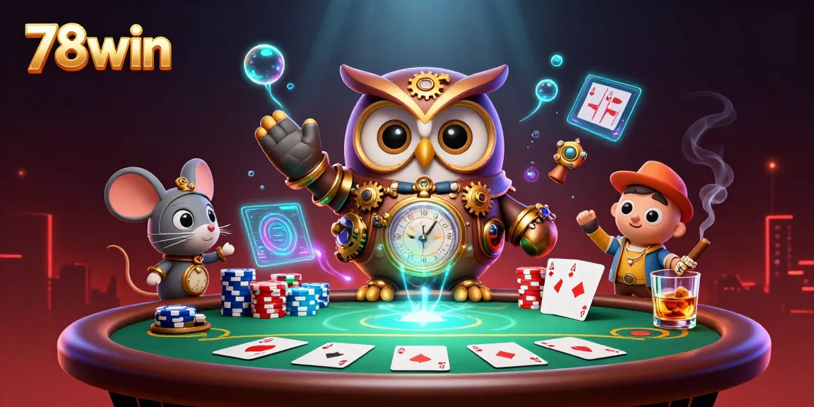 Immerse in 78win as a steampunk owl navigates a vibrant casino, rich with poker and dynamic visuals.