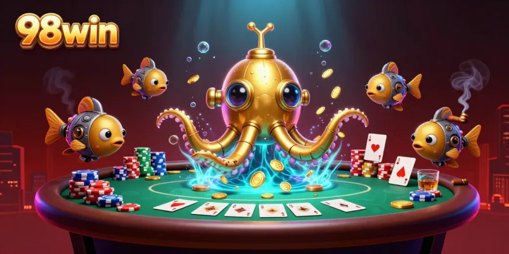 Engage with 98win's golden kraken submarine in a vibrant casino-themed underwater adventure.