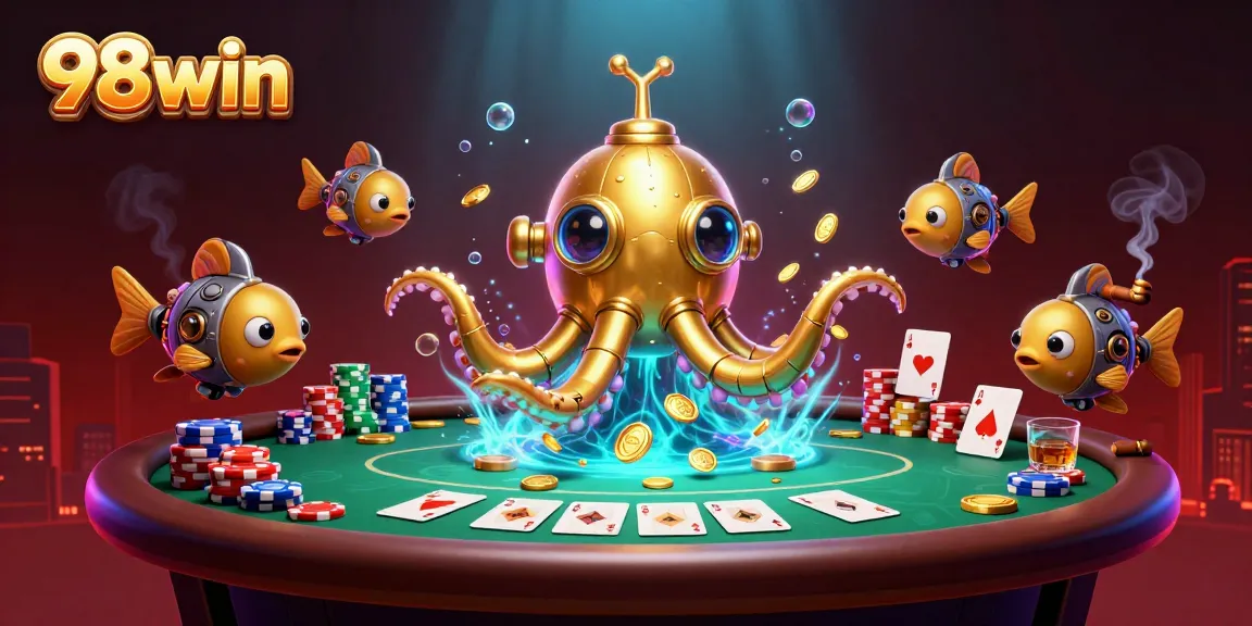 Engage with 98win's golden kraken submarine in a vibrant casino-themed underwater adventure.