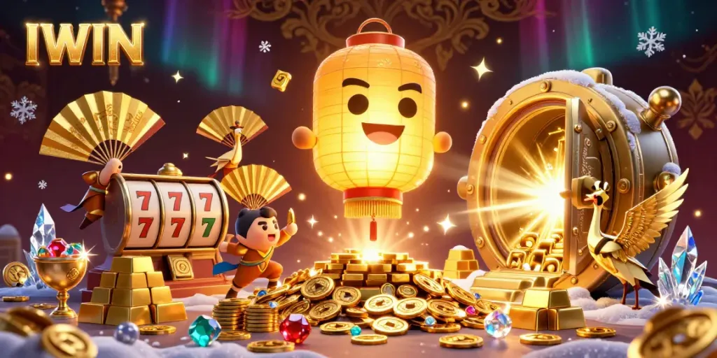 IWIN brings excitement with illuminated characters and slot reels in an engaging casino scene.