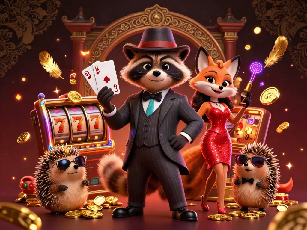 Experience bonus buy slots with a raccoon, fox, and hedgehog in an engaging casino setting.
