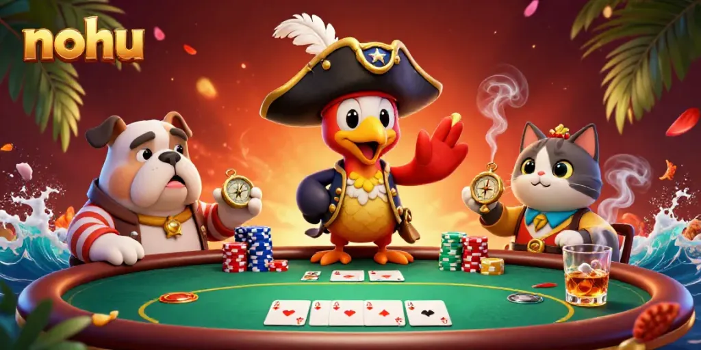 Engaging scene capturing nohu with a pirate captain parrot, bulldog, and cat at a lively poker table.