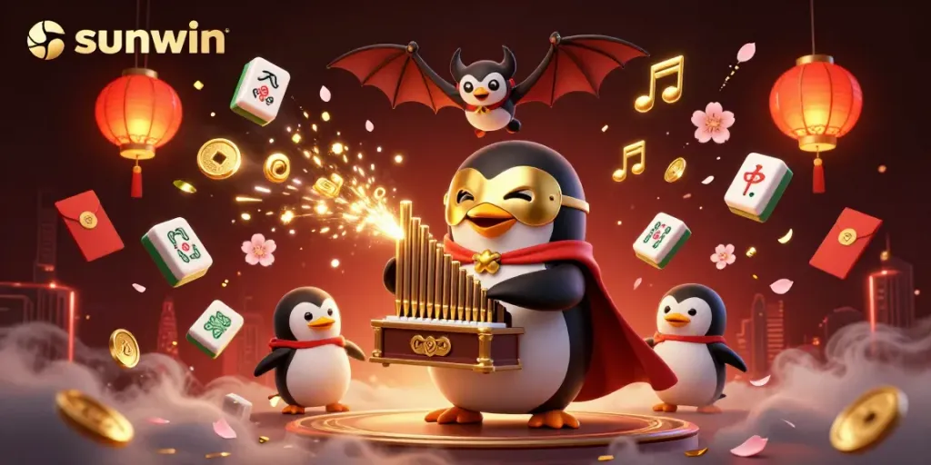 Experience the excitement of sunwin's casino with a penguin playing a golden organ amidst festive decor.