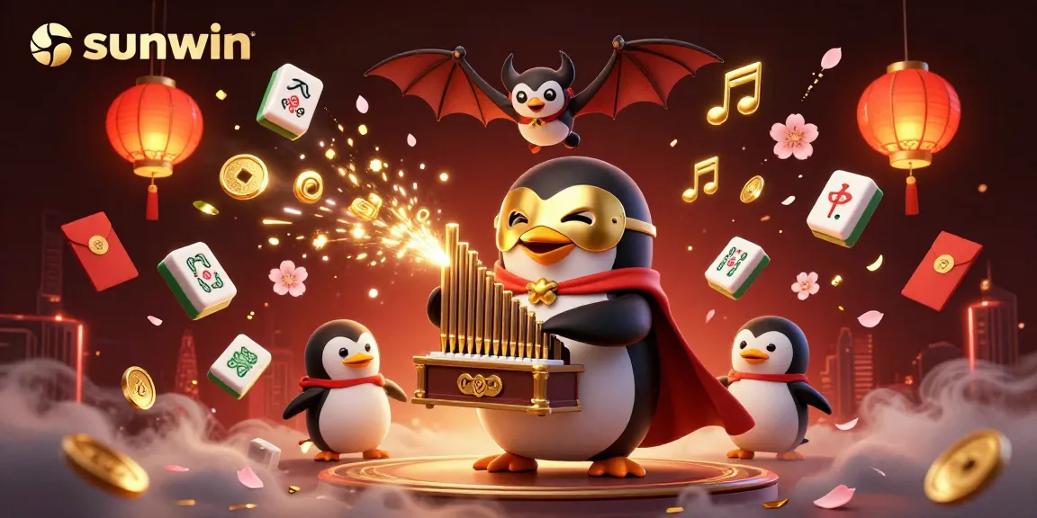 Experience the excitement of sunwin's casino with a penguin playing a golden organ amidst festive decor.
