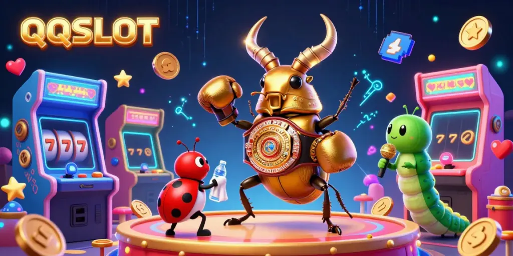 Experience thrilling QQSLOT gameplay with golden stag beetles and neon arcade elements.
