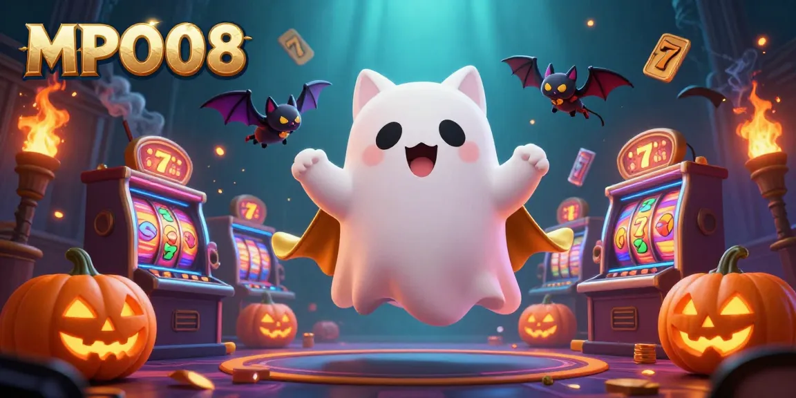 Experience the MPO08 ghost cat in an exciting casino scene with glowing treasures and slot reels.