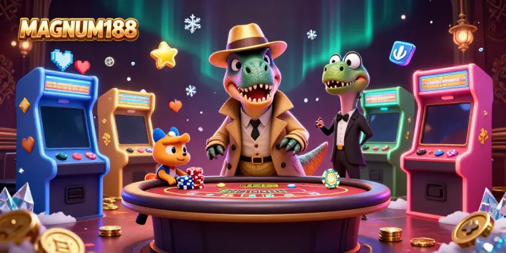 Experience MAGNUM188’s thrilling casino atmosphere with a velociraptor card counter, stegosaurus pit boss, and compy pickpocket.