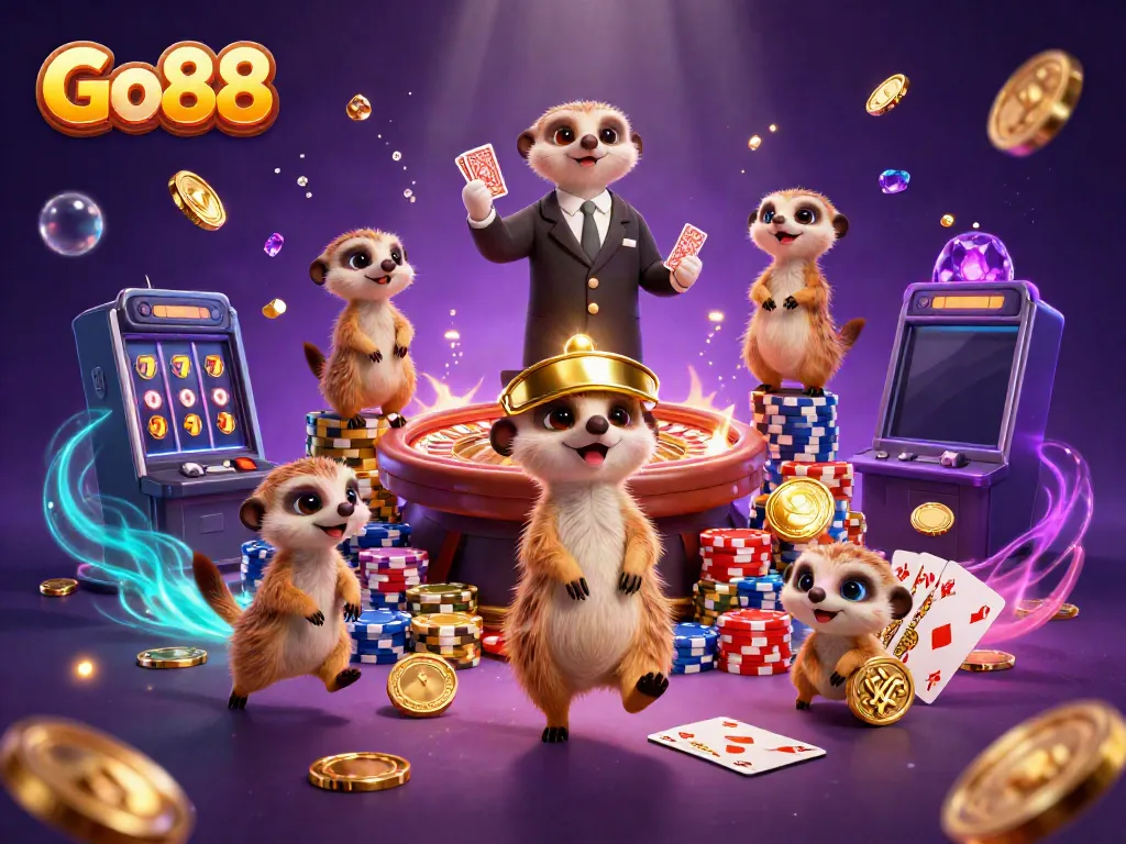 Go88 meerkats managing a lively casino scene with chips and golden coins.