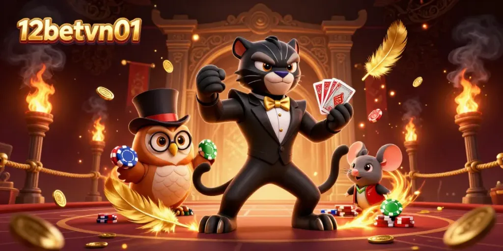 Engaging scene featuring 12betvn01's stylish panther dealer, owl with poker chips, and lucky mouse amongst dynamic casino elements.